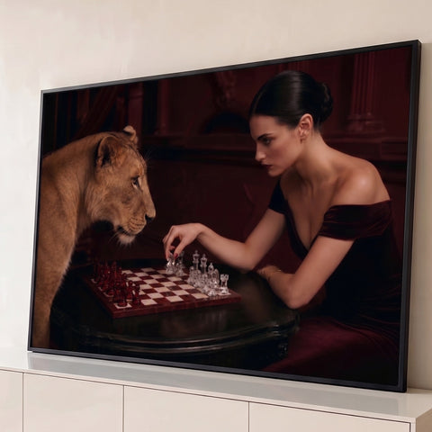 Quadro Decorativo Grande Mulher Jogando Vermelho para Sala | quadros decorativos para sala | mulher elegante jogando xadrez com uma leoa em cenário vermelho luxuoso | Porao dos Quadros