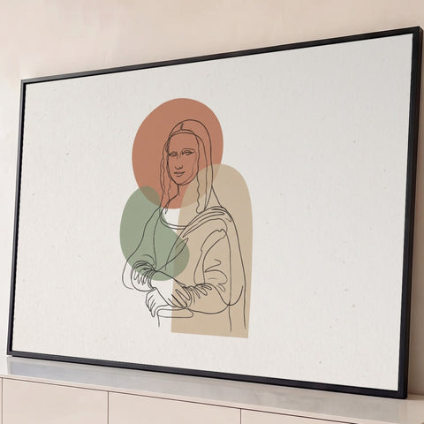 Mona Lisa em line art de traço contínuo com formas orgânicas terracota, verde e bege, quadro decorativo