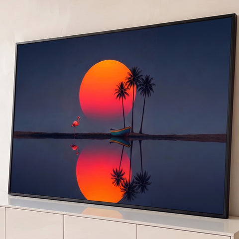 Sol laranja gigante refletido na água com flamingo, barco e palmeiras em céu azul, quadro decorativo