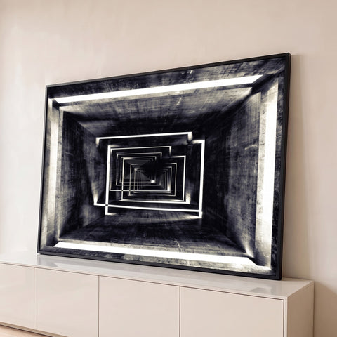 Túnel de concreto com molduras de luz em perspectiva infinita, em preto e branco, quadro decorativo