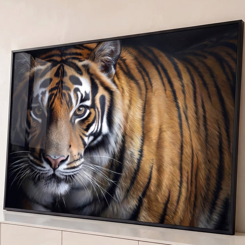 Tigre de Bengala em close com olhos âmbar e listras laranja e pretas sobre fundo escuro, quadro decorativo