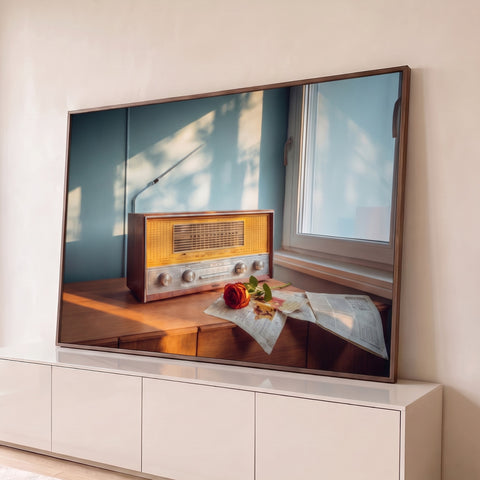 Rádio antigo sobre cômoda de madeira com rosa vermelha e jornal, sob luz de janela na parede azul, quadro decorativo