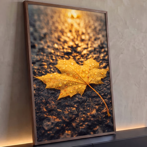 Folha de bordo amarela com gotas de chuva sobre asfalto molhado sob luz dourada, quadro decorativo