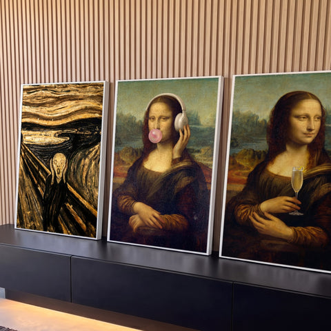 Quadro Decorativo Kit 3 Telas Mona Lisa Pop Art para Sala | quadros decorativos para sala | montagem com O Grito de Munch e duas versões da Mona Lisa com fones de ouvido e taça de champagne | Porao dos Quadros