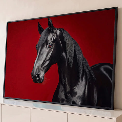 Cavalo negro de pelagem brilhante e crina longa, de perfil, sobre fundo vermelho, quadro decorativo