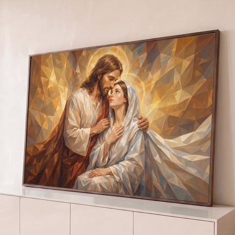 Jesus abraçando Maria com auréolas de luz em mosaico geométrico dourado e bege, quadro decorativo