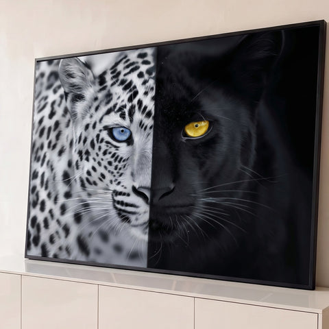 Rosto dividido de leopardo branco e pantera negra com olhos azul e dourado, quadro decorativo