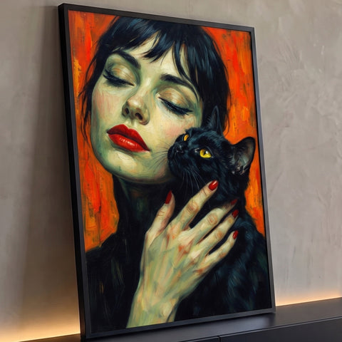 Mulher de olhos fechados e lábios vermelhos abraçando gato preto, fundo laranja, quadro decorativo