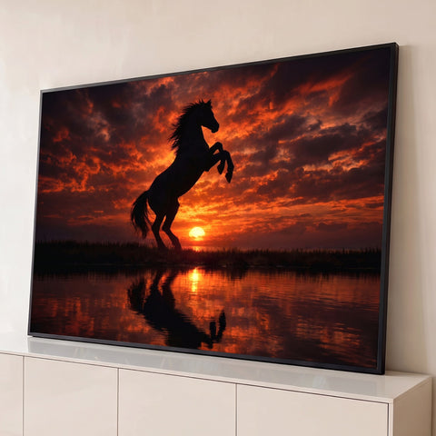 Silhueta de cavalo empinado sob céu vermelho de pôr do sol refletida no lago, quadro decorativo