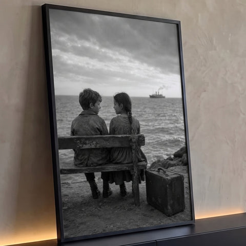 Menino e menina em banco de madeira à beira-mar, mala antiga e navio a vapor, foto P&B, quadro decorativo