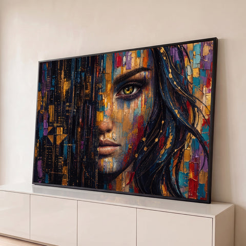 Rosto de mulher de olhos verdes fundido a prédios noturnos dourados, em pintura texturizada, quadro decorativo