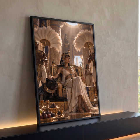 Quadro Decorativo Grande Rainha Egípcia para Sala Dourado | quadros decorativos para sala | rainha egípcia sentada em trono dourado ao lado de uma pantera negra em templo antigo | Porao dos Quadros