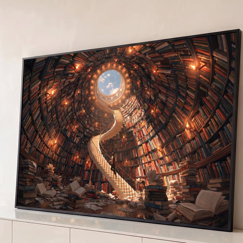 Escada em espiral numa biblioteca circular de livros com claraboia para o céu azul, quadro decorativo