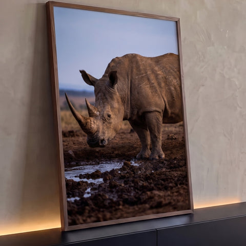 Rinoceronte de perfil com chifre longo ao lado de poça de lama na savana, fotografia, quadro decorativo