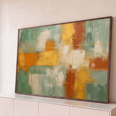 Pintura abstrata em verde sálvia, mostarda e terracota com grade de linhas douradas, quadro decorativo