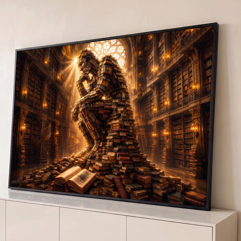 Figuras abraçadas feitas de livros em biblioteca antiga com vitral e luz dourada, quadro decorativo