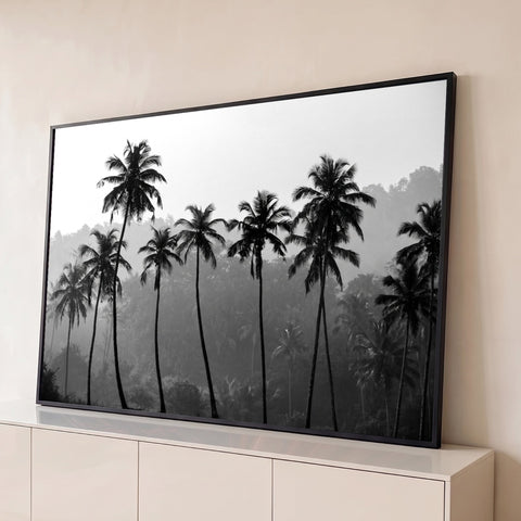 Coqueiros em silhueta diante de floresta tropical com neblina, foto preto e branco, quadro decorativo