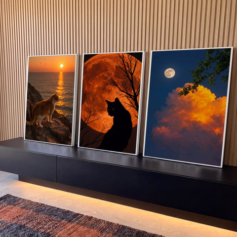 Quadro Decorativo Kit 3 Telas Gatos e Luas para Sala Laranja | quadros decorativos para sala | trio de gatos sob luas em tons de laranja, preto e azul | Porao dos Quadros