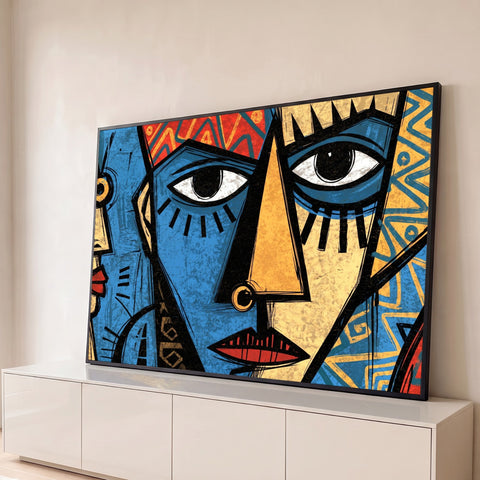 Rosto cubista afro em azul e ocre, olhos grandes, lábios vermelhos e padrões tribais, quadro decorativo