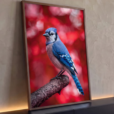 Gaio-azul pousado em galho seco com fundo vermelho desfocado em bokeh, quadro decorativo