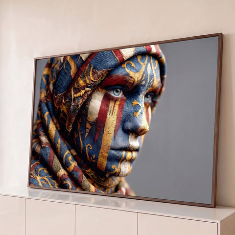 Rosto de mulher com pintura tribal azul, dourada e vermelha e lenço de tecido étnico, quadro decorativo