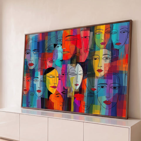 Vários rostos femininos em traço preto sobre blocos azuis, vermelhos e amarelos, quadro decorativo