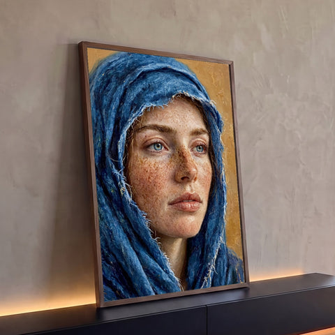 Quadro Decorativo Grande Retrato de Mulher para Sala Azul | quadros decorativos para sala | retrato realista de mulher com véu azul desfiado e rosto sardento sobre fundo dourado | Porao dos Quadros