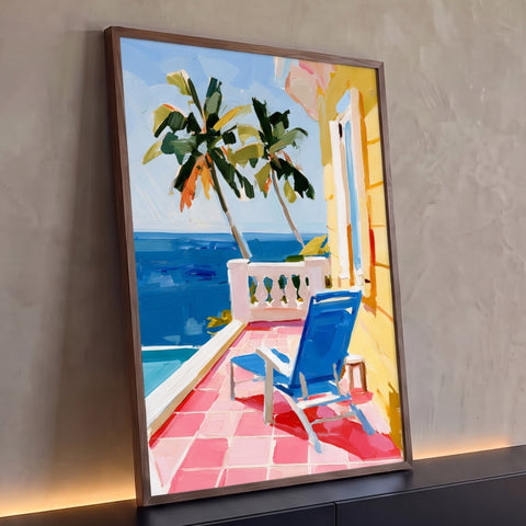 Quadro Decorativo Varanda Tropical com e Mar Azul | quadros decorativos para sala | varanda amarela com cadeira azul, piso rosa, e mar ao fundo | Porao dos Quadros