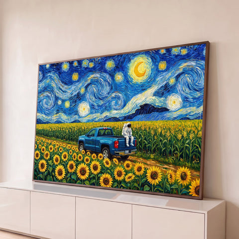 Astronauta em picape azul entre girassóis sob céu de noite estrelada estilo Van Gogh, quadro decorativo