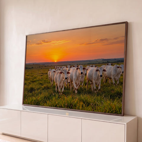 Rebanho de gado Nelore branco no pasto verde sob céu laranja de pôr do sol, quadro decorativo
