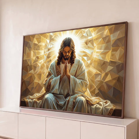 Jesus Cristo orando de olhos fechados com halo de luz e fundo geométrico dourado, quadro decorativo