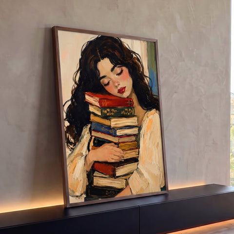Mulher de cabelos escuros dorme abraçada a pilha de livros coloridos em pintura a óleo, quadro decorativo