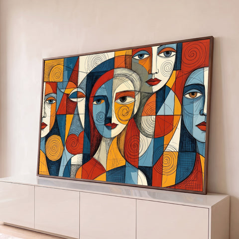 Rostos femininos cubistas com espirais em azul, laranja e vermelho, traço ilustrado, quadro decorativo