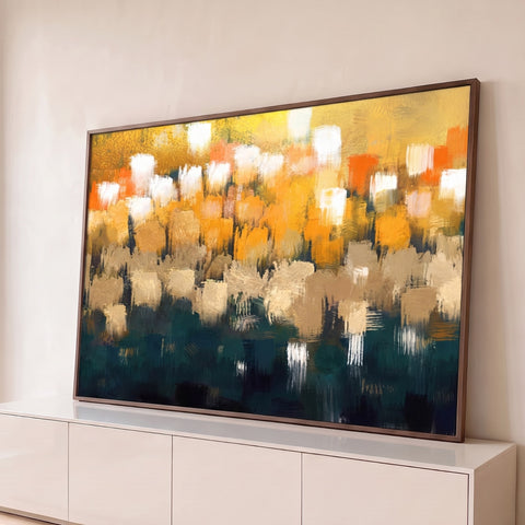 Pintura abstrata com pinceladas em amarelo, bege e verde-petróleo em efeito espátula, quadro decorativo