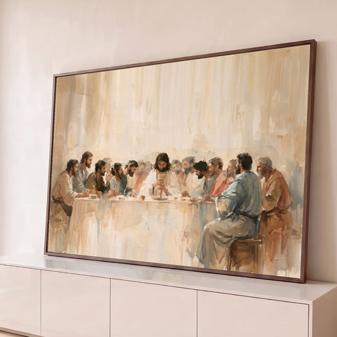 Santa Ceia em aquarela bege com tinta escorrida, Jesus erguendo o cálice entre os apóstolos, quadro decorativo