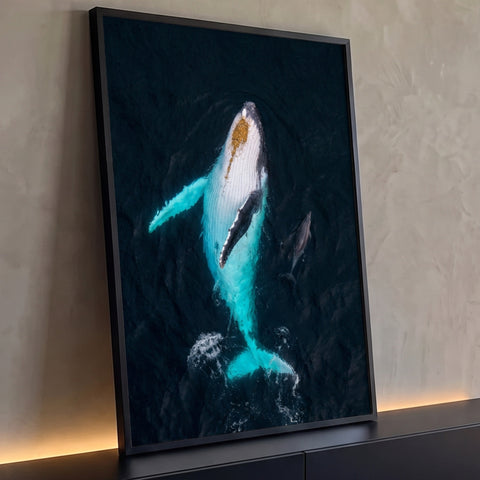 Baleia jubarte vista do alto com golfinho ao lado em mar azul escuro e água turquesa, quadro decorativo