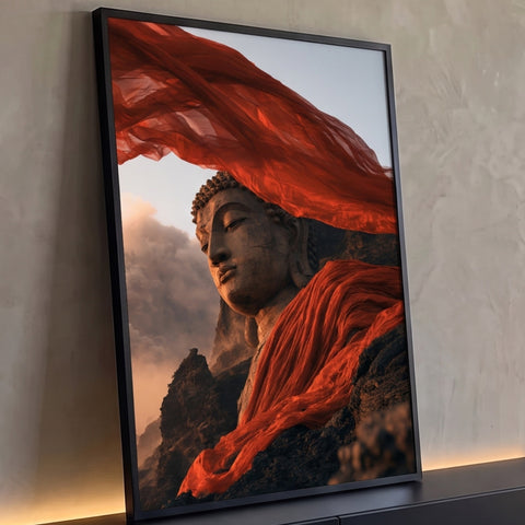 Estátua de Buda em pedra com tecido vermelho ao vento, montanhas e nuvens ao pôr do sol, quadro decorativo