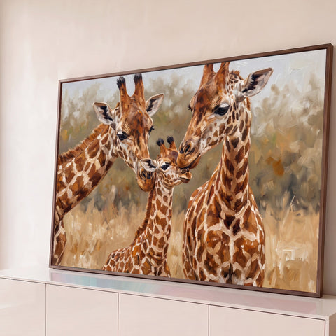 Pintura a óleo de duas girafas adultas acariciando um filhote na savana dourada, quadro decorativo