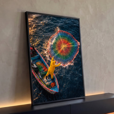 Vista aérea de pescador de capa amarela lançando rede arco-íris do barco no mar azul, quadro decorativo