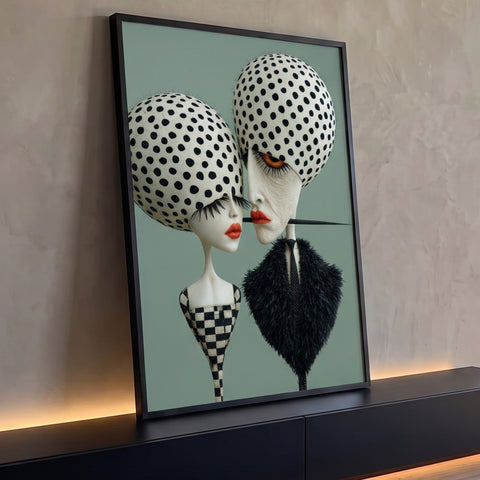 Casal surreal com cabeças de bolinhas pretas, lábios vermelhos e fundo verde sálvia, quadro decorativo