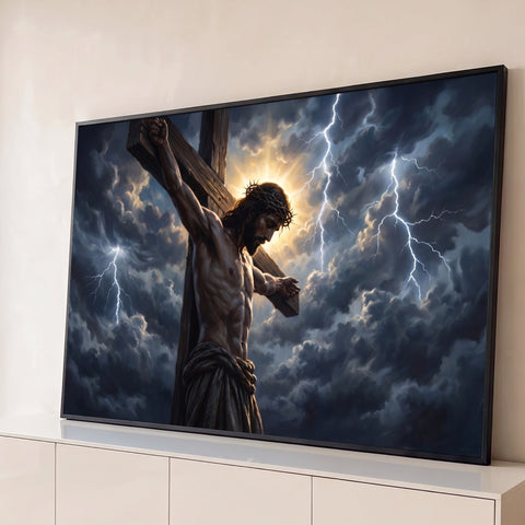 Jesus Cristo crucificado com coroa de espinhos, luz dourada e raios em céu tempestuoso, quadro decorativo