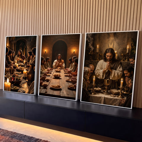 Quadro Decorativo Grande Última Ceia de Jesus para Sala | quadros decorativos para sala | três cenas da Última Ceia com Jesus e apóstolos em tons dourados e marrons | Porao dos Quadros