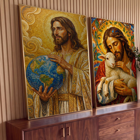 Quadro Decorativo Kit 2 Telas Jesus em Mosaico para Sala | quadros decorativos para sala | Jesus em mosaico dourado segurando o globo e abraçando um cordeiro branco | Porao dos Quadros