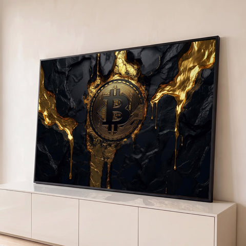 Moeda de Bitcoin dourada em rocha preta com ouro líquido escorrendo, arte digital, quadro decorativo