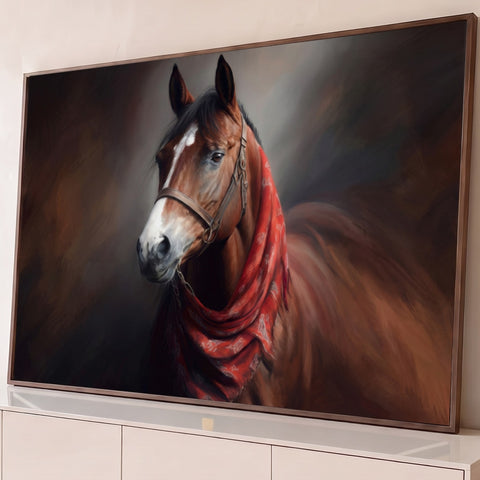 Cavalo castanho com cabresto de couro e bandana vermelha no pescoço, em fundo escuro, quadro decorativo