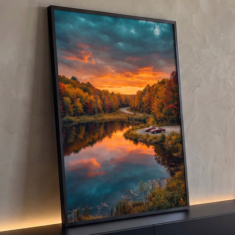 Lago refletindo pôr do sol laranja entre árvores de outono e dois carros vintage, quadro decorativo