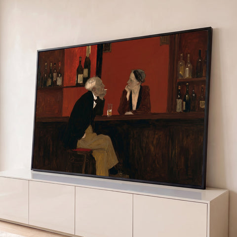 Pintura a óleo de senhor fumando no balcão de bar com mulher, parede vermelha e garrafas, quadro decorativo