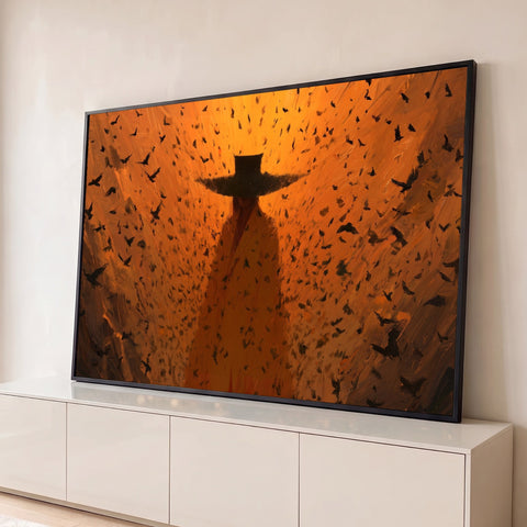 Figura de chapéu largo e manto longo cercada por corvos em voo, pintura em laranja, quadro decorativo
