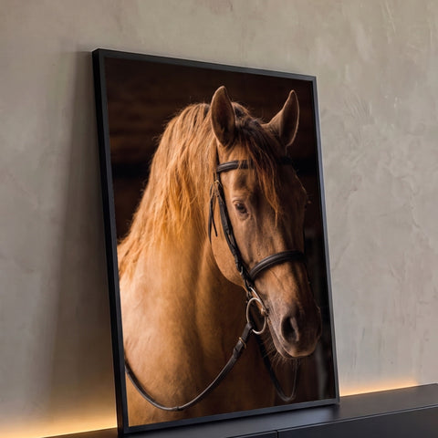 Quadro Decorativo Grande Cavalo para Sala Dourado | quadros decorativos para sala | cavalo dourado em close com cabeçada preta e fundo escuro | Porao dos Quadros