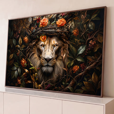 Leão de olhos âmbar com coroa de galhos e rosas laranja entre folhagens escuras, quadro decorativo